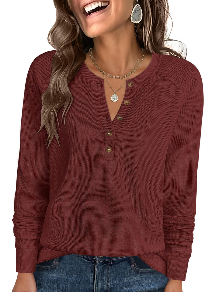 ANRABESS Women's Long Sleeve Waffle Knit Shirts Dressy Casual Loose Button Up V Neck Henley Tops 2025 Fall Basic Tee Blouse