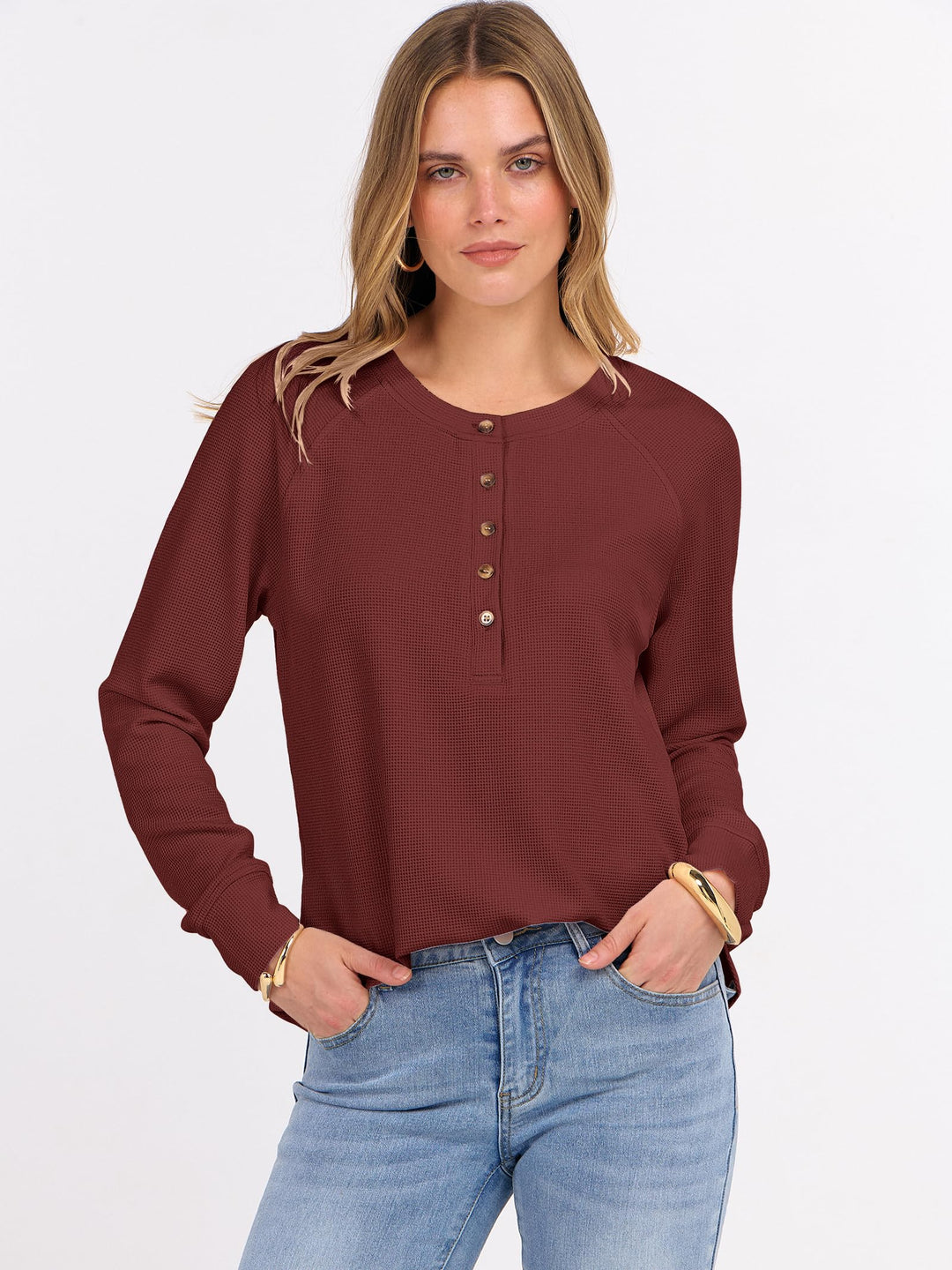 ANRABESS Women's Long Sleeve Waffle Knit Shirts Dressy Casual Loose Button Up V Neck Henley Tops 2025 Fall Basic Tee Blouse