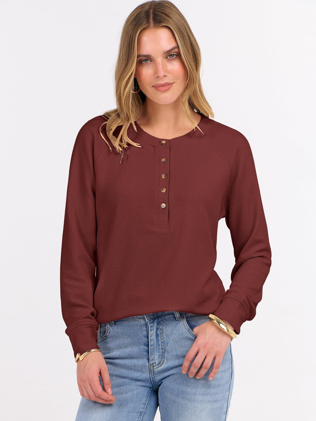 ANRABESS Women's Long Sleeve Waffle Knit Shirts Dressy Casual Loose Button Up V Neck Henley Tops 2025 Fall Basic Tee Blouse