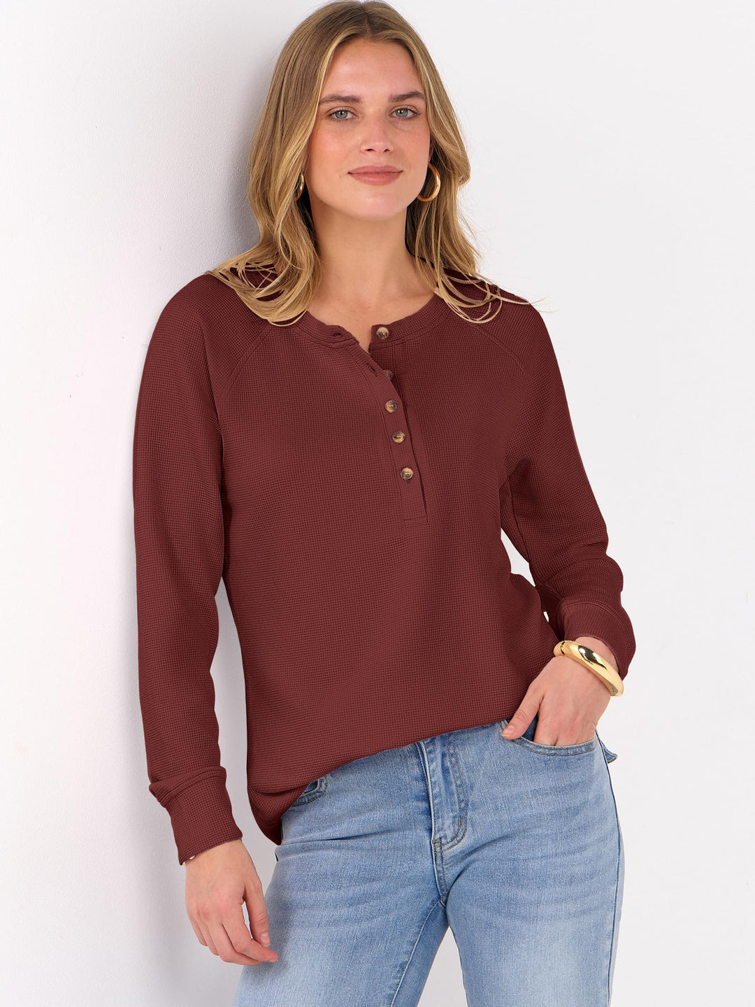 ANRABESS Women's Long Sleeve Waffle Knit Shirts Dressy Casual Loose Button Up V Neck Henley Tops 2025 Fall Basic Tee Blouse