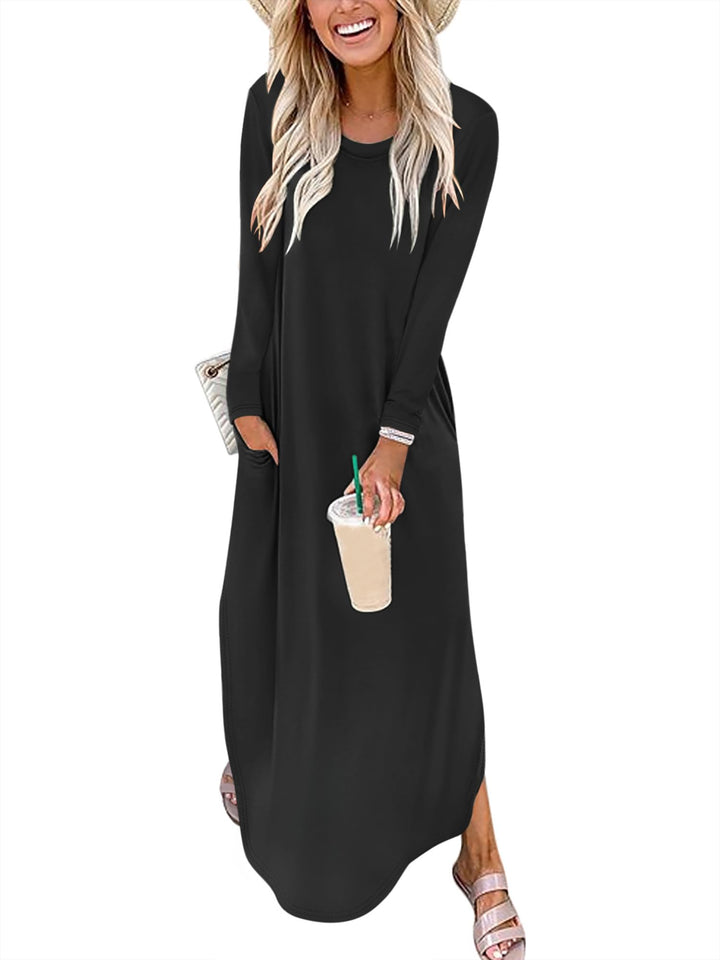 ANRABESS Women's Long Sleeve Maxi Dresses 2025 Fall Outfits Casual Loose Split Travel Vacation T Shirt Dress with Pockets
