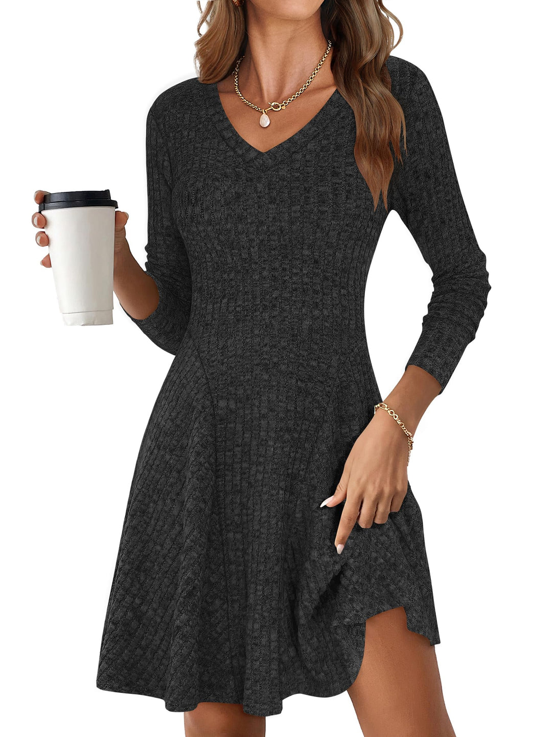 ANRABESS Women Long Sleeve Ribbed Knit Short Dresses 2025 Fall Winter V Neck Casual Swing A Line Sweater Dress