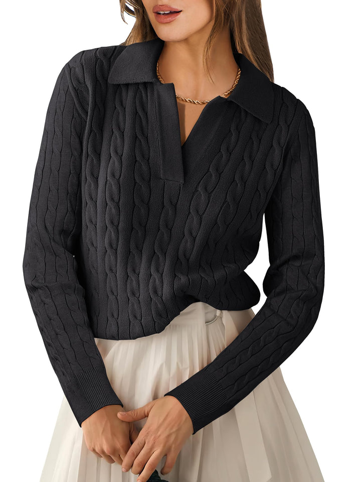 ANRABESS Womens Cable Knit Sweaters Long Sleeve V Neck Sweater Tops Casual Pullover Polo Shirts 2025 Fall Fashion Outfits
