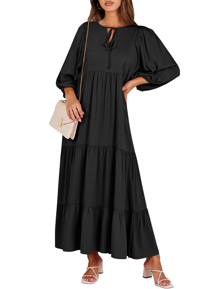 ANRABESS Womens Boho Maxi Dresses 2025 Summer V Neck Puff Sleeve Floral Flowy Swing Fall Casual Long Dress