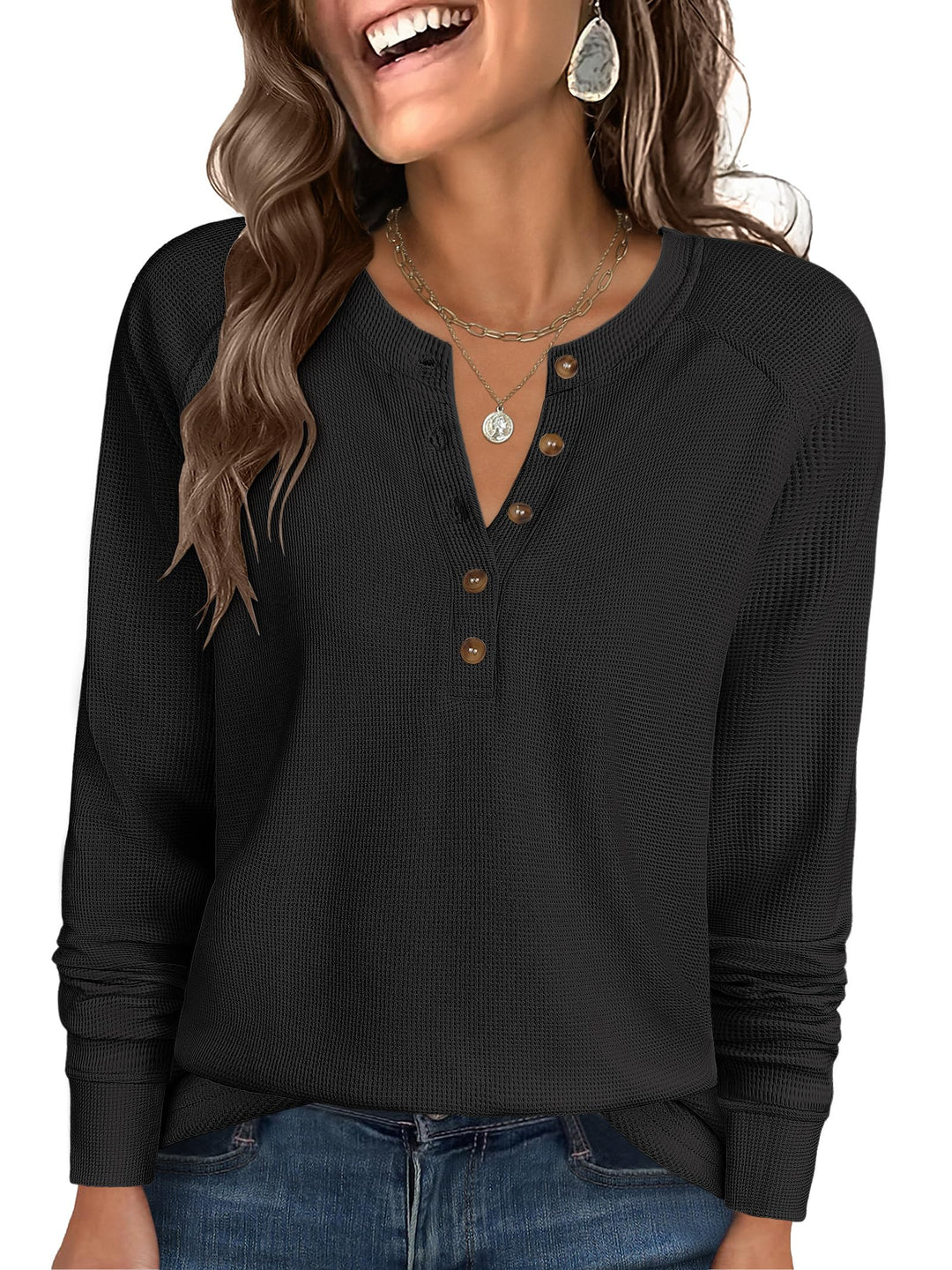 ANRABESS Women's Long Sleeve Waffle Knit Shirts Dressy Casual Loose Button Up V Neck Henley Tops 2025 Fall Basic Tee Blouse