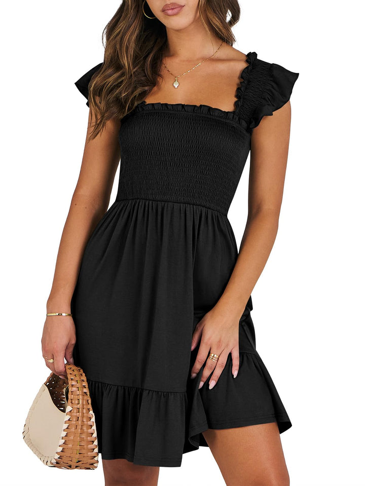 ANRABESS Women's Summer Casual Sleeveless Square Neck Dress 2025 Smocked Ruffle Backless Boho Beach Cute Teen Short Sundress