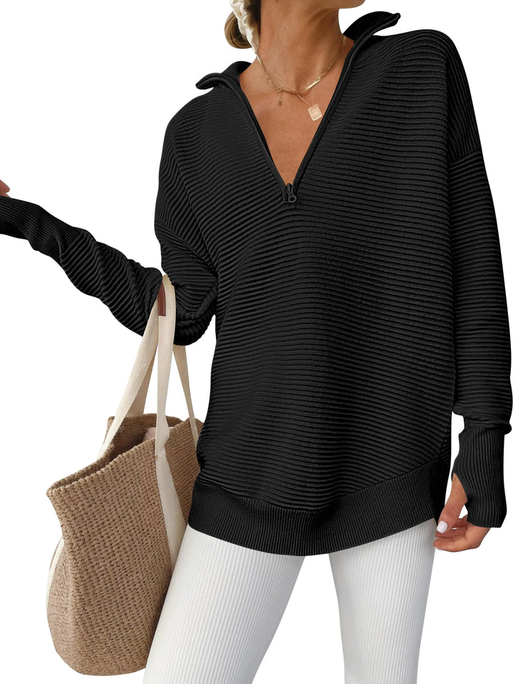 ANRABESS Womens Long Sleeve Quarter Zip Pullover Sweater Casual Loose V Neck Collared Ribbed Knit Jumper Tops Thumb Hole