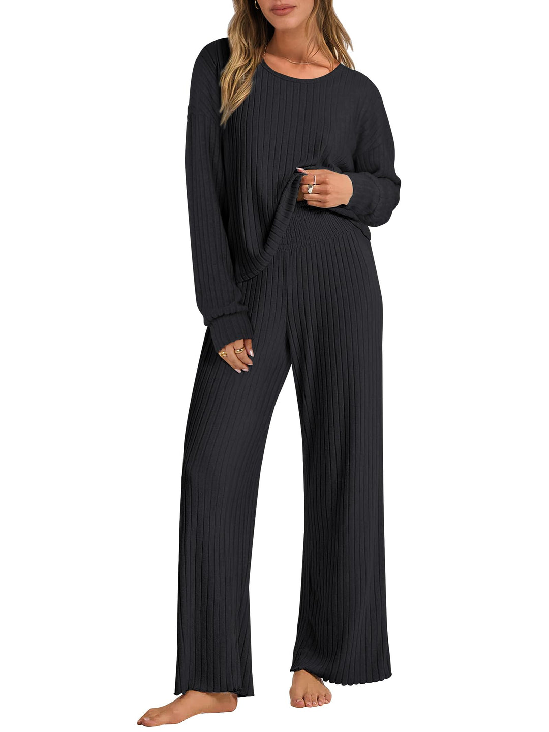 ANRABESS Women 2 Piece Lounge Pajamas Sets Casual Ribbed Knit Long Sleeve Top Pants Matching Set 2025 Fall Outfits Clothes