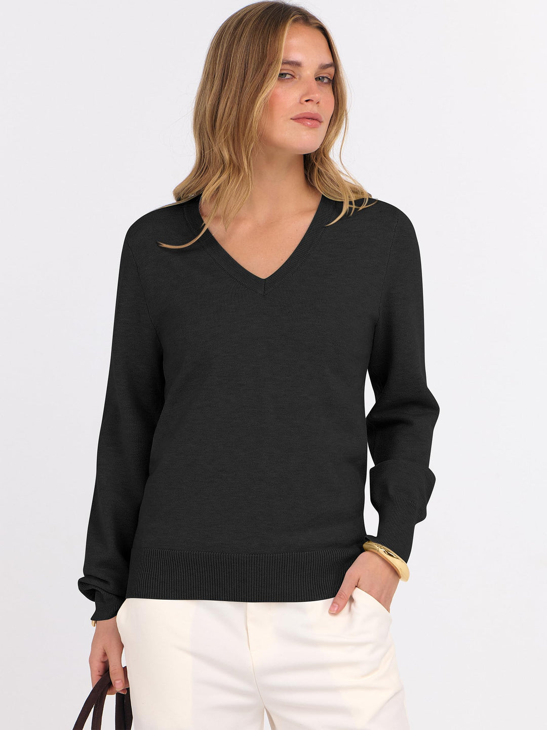 ANRABESS Womens Long Sleeve V Neck Sweaters 2025 Fall Fashion Wool Blend Work Pullover Top Travel Vacation Outfits