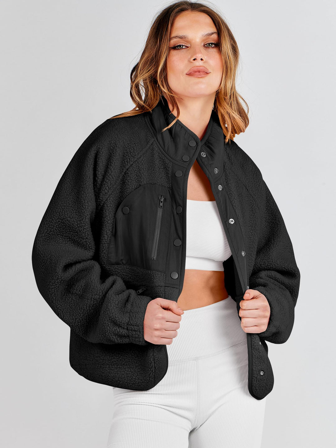 ANRABESS Womens Fuzzy Fleece Jacket Fall Casual Long Sleeve Cropped Sherpa Button Down Shacket Coats Outwear With Pockets