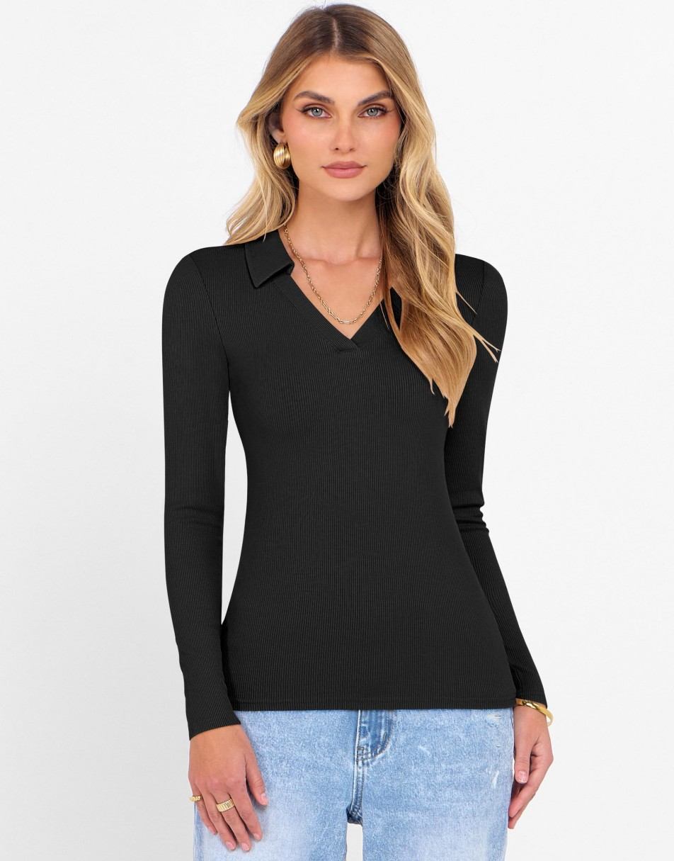ANRABESS Women Long Sleeve Polo Shirts V Neck Slim Rib Knit Collared Dressy Business Casual Top 2025 Basic Tee Fall Outfits
