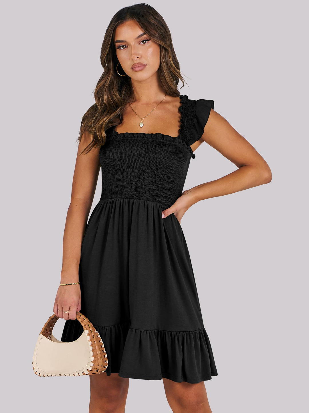 ANRABESS Women's Summer Casual Sleeveless Square Neck Dress 2025 Smocked Ruffle Backless Boho Beach Cute Teen Short Sundress