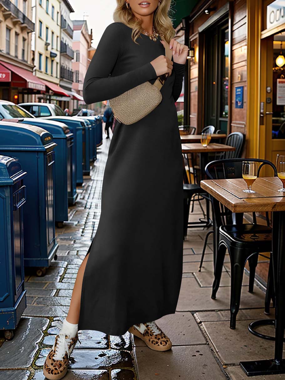 ANRABESS Women Long Sleeve Dresses 2025 Fall Casual Crewneck Loose Fit Split Flowy Wrinkle-Free Travel Vacation Maxi Dress