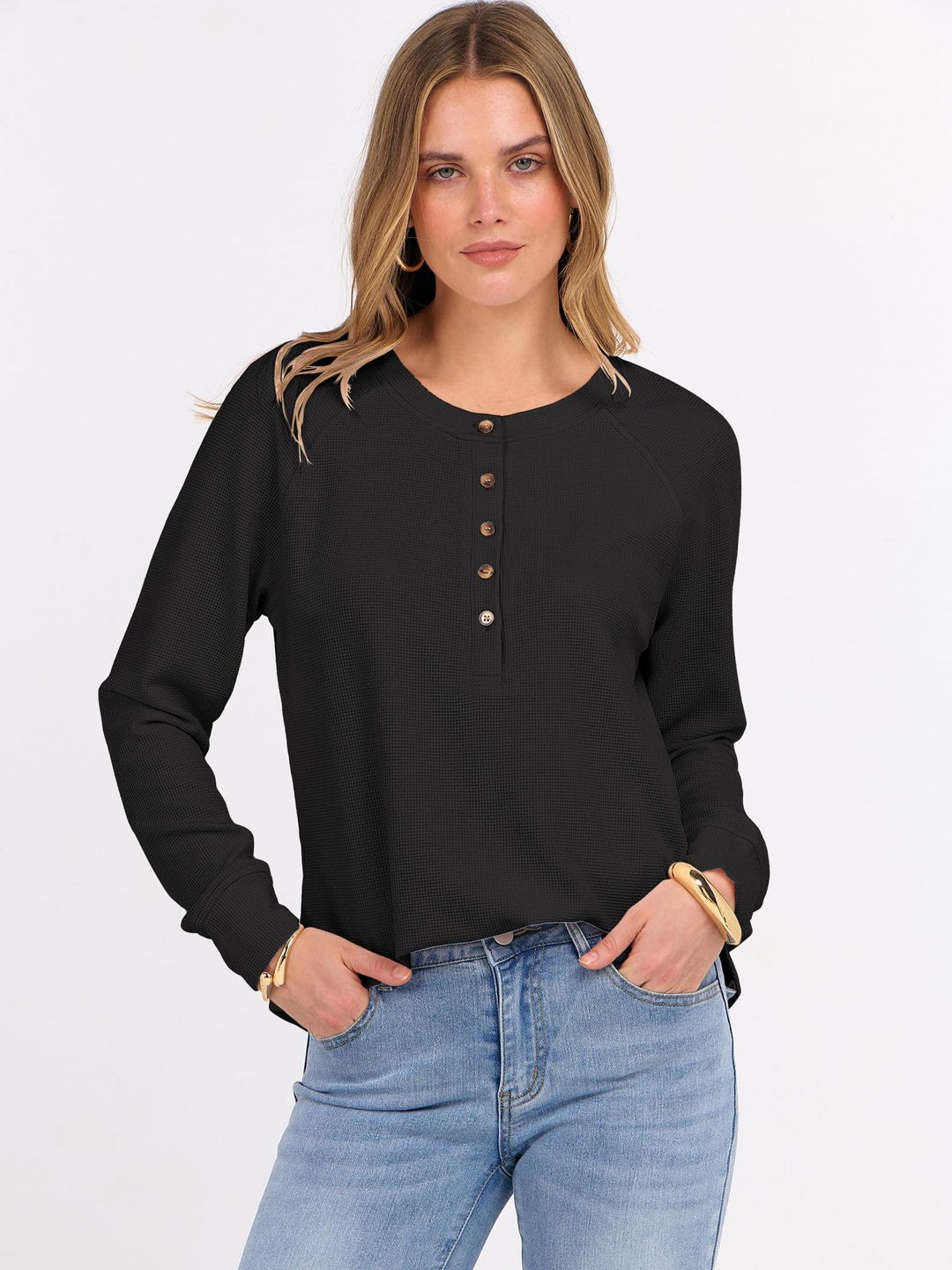 ANRABESS Women's Long Sleeve Waffle Knit Shirts Dressy Casual Loose Button Up V Neck Henley Tops 2025 Fall Basic Tee Blouse