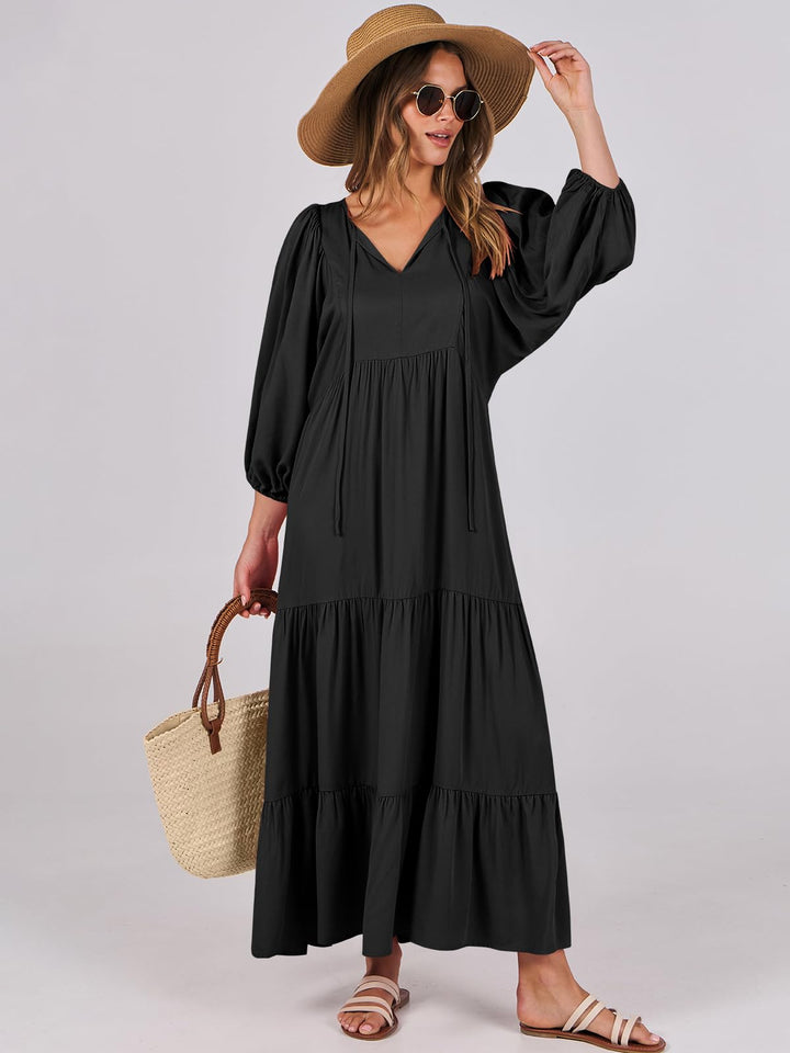 ANRABESS Womens Boho Maxi Dresses 2025 Summer V Neck Puff Sleeve Floral Flowy Swing Fall Casual Long Dress