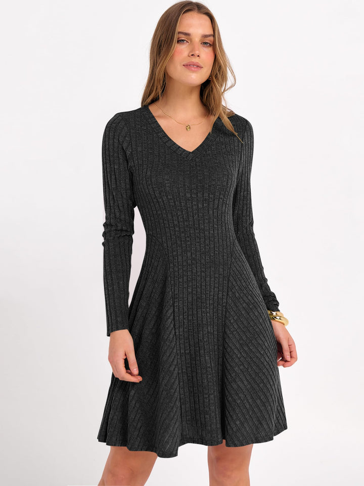 ANRABESS Women Long Sleeve Ribbed Knit Short Dresses 2025 Fall Winter V Neck Casual Swing A Line Sweater Dress