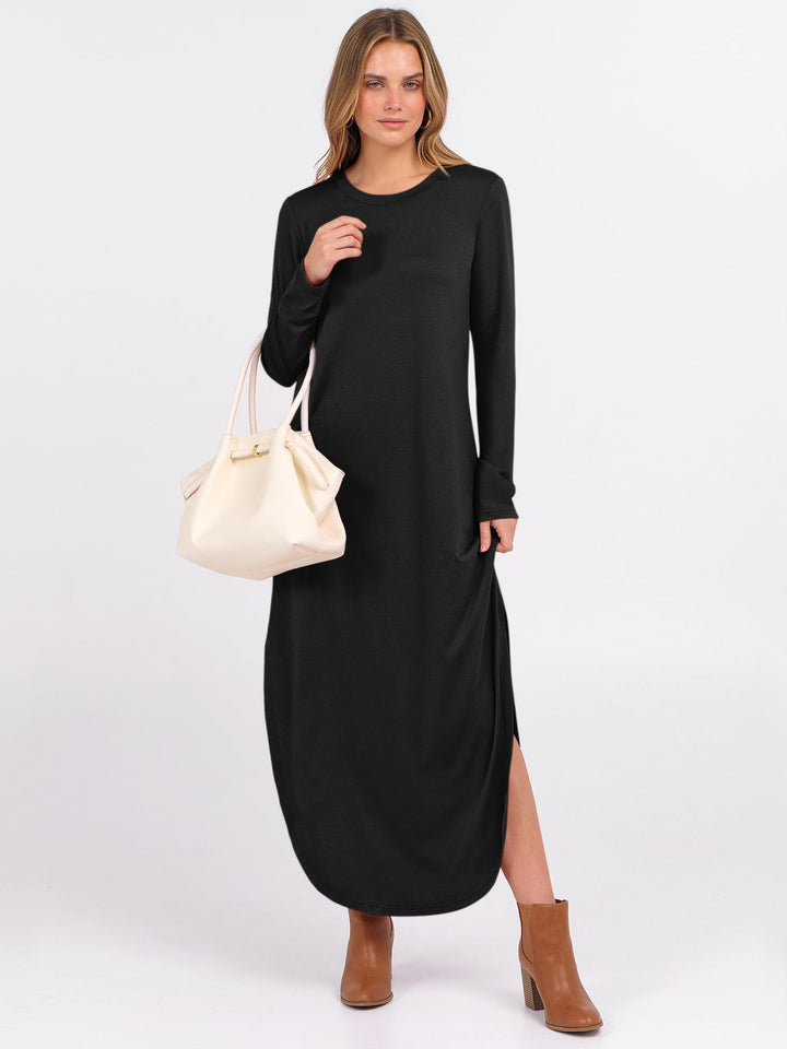 ANRABESS Women's Long Sleeve Maxi Dresses 2025 Fall Outfits Casual Loose Split Travel Vacation T Shirt Dress with Pockets