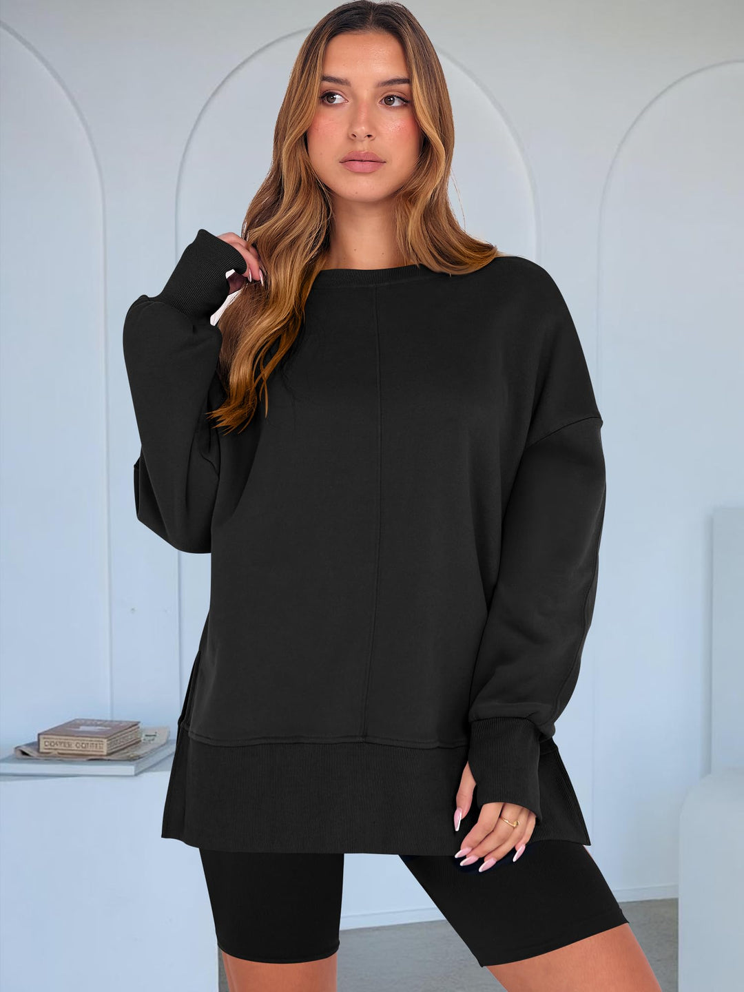 ANRABESS Women Oversized Sweatshirts Thumbhole Long Sleeve Hoodies Shirts 2025 Fall Side Slit Pullover Top Teen Y2k Outfits