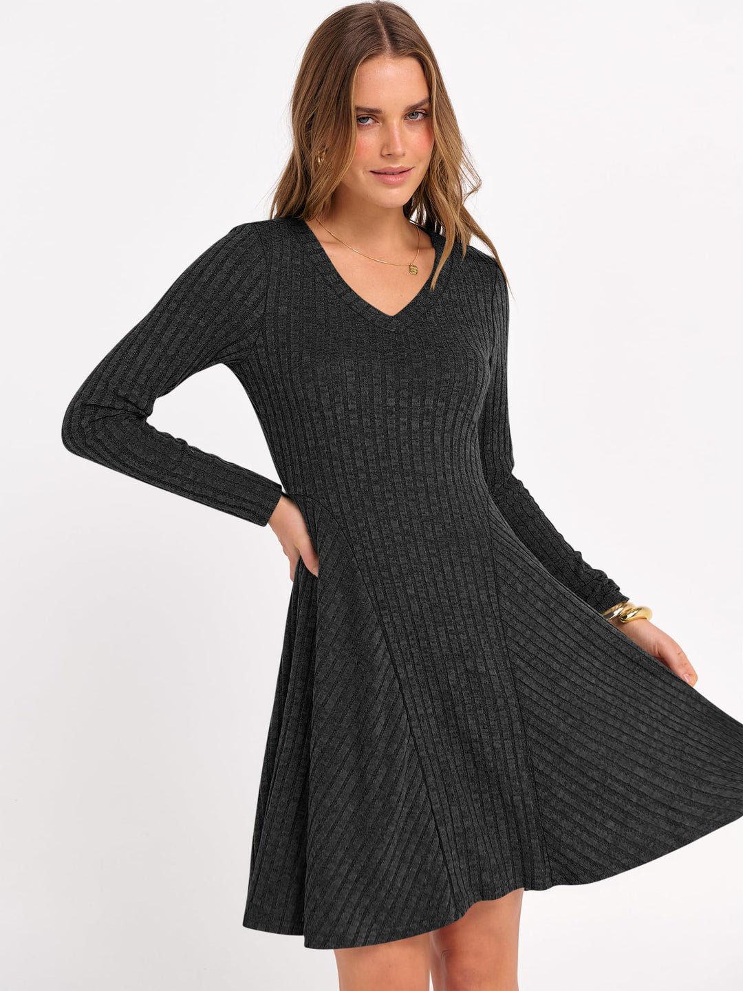 ANRABESS Women Long Sleeve Ribbed Knit Short Dresses 2025 Fall Winter V Neck Casual Swing A Line Sweater Dress