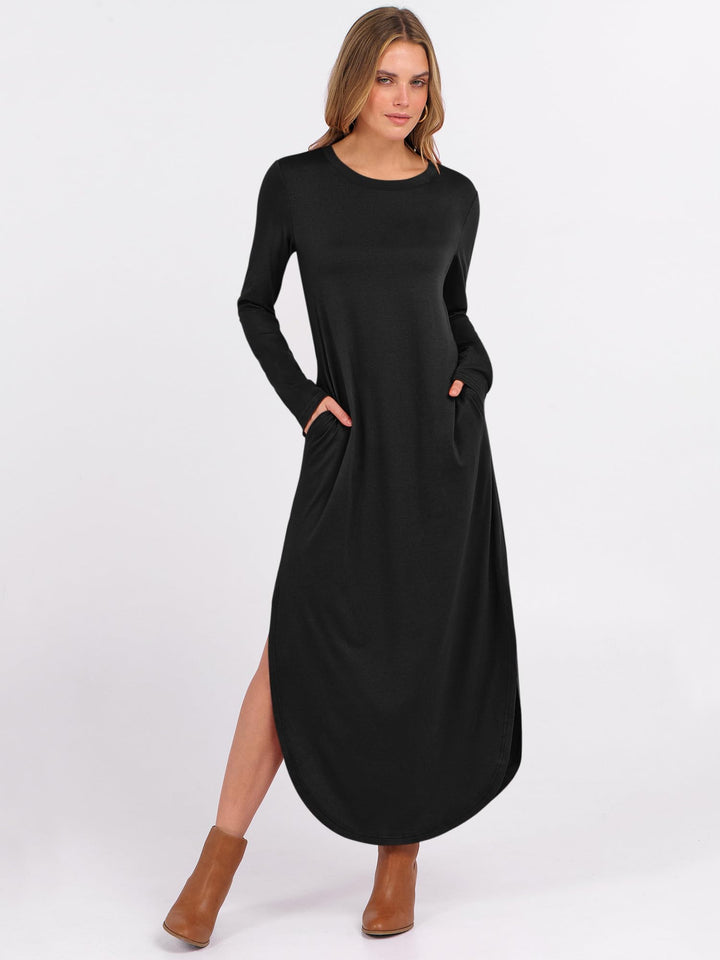 ANRABESS Women's Long Sleeve Maxi Dresses 2025 Fall Outfits Casual Loose Split Travel Vacation T Shirt Dress with Pockets