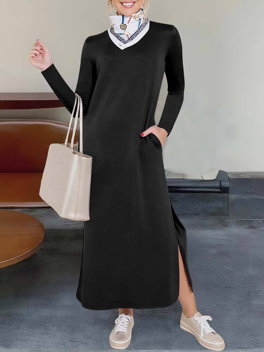 ANRABESS Women Long Sleeve Dresses 2025 Fall Casual Crewneck Loose Fit Split Flowy Wrinkle-Free Travel Vacation Maxi Dress