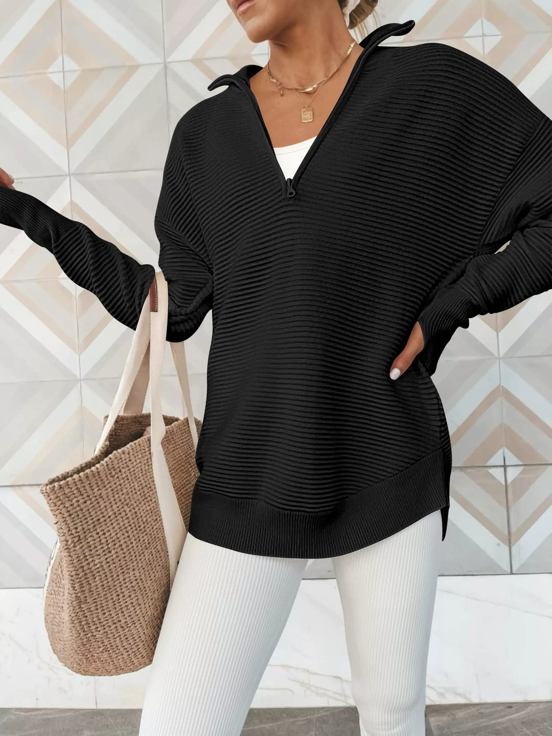 ANRABESS Womens Long Sleeve Quarter Zip Pullover Sweater Casual Loose V Neck Collared Ribbed Knit Jumper Tops Thumb Hole