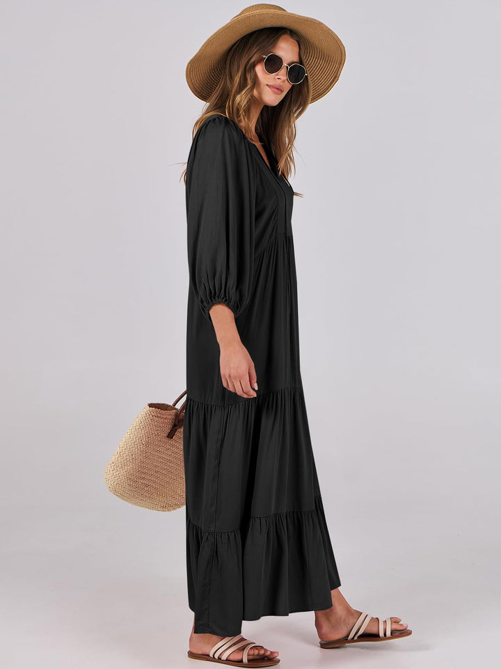 ANRABESS Womens Boho Maxi Dresses 2025 Summer V Neck Puff Sleeve Floral Flowy Swing Fall Casual Long Dress