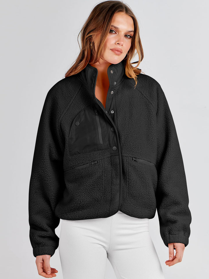 ANRABESS Womens Fuzzy Fleece Jacket Fall Casual Long Sleeve Cropped Sherpa Button Down Shacket Coats Outwear With Pockets