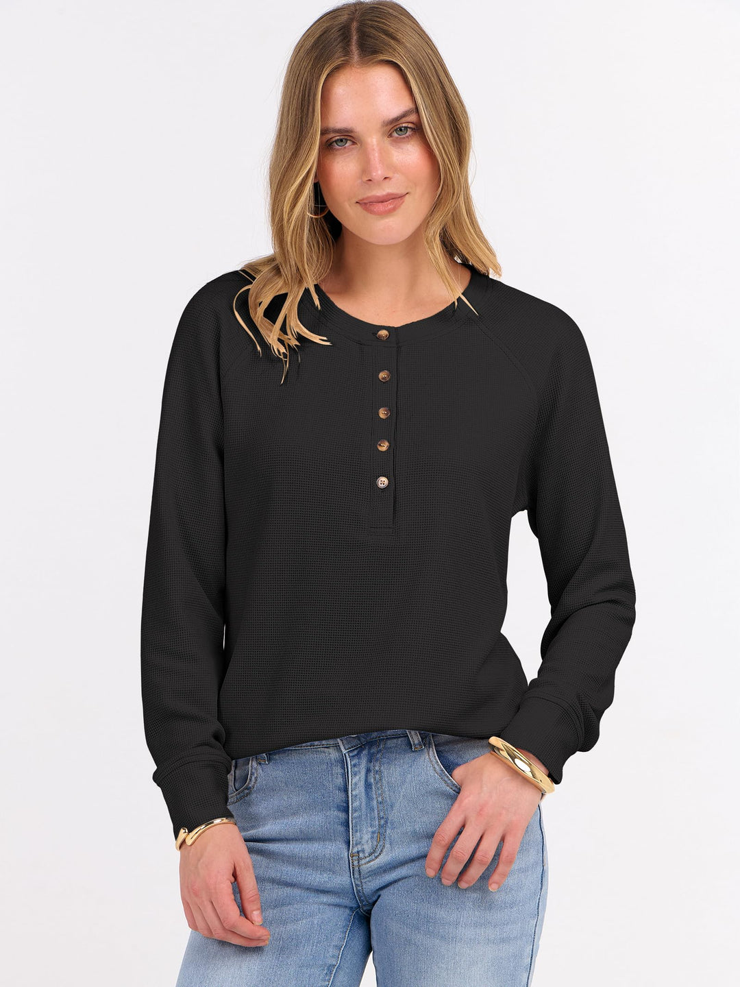 ANRABESS Women's Long Sleeve Waffle Knit Shirts Dressy Casual Loose Button Up V Neck Henley Tops 2025 Fall Basic Tee Blouse