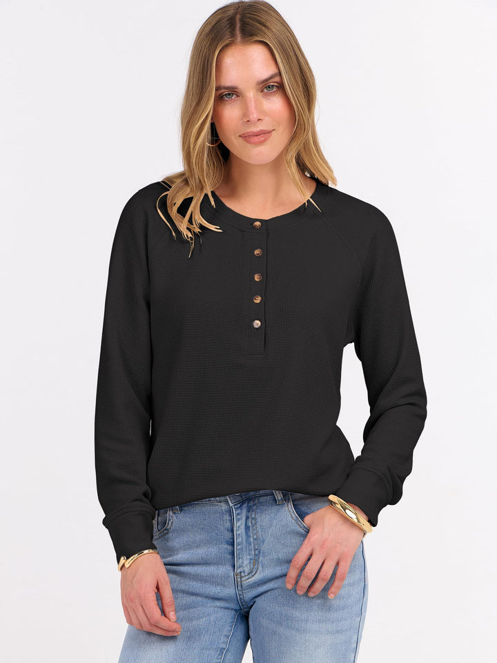 ANRABESS Women's Long Sleeve Waffle Knit Shirts Dressy Casual Loose Button Up V Neck Henley Tops 2025 Fall Basic Tee Blouse