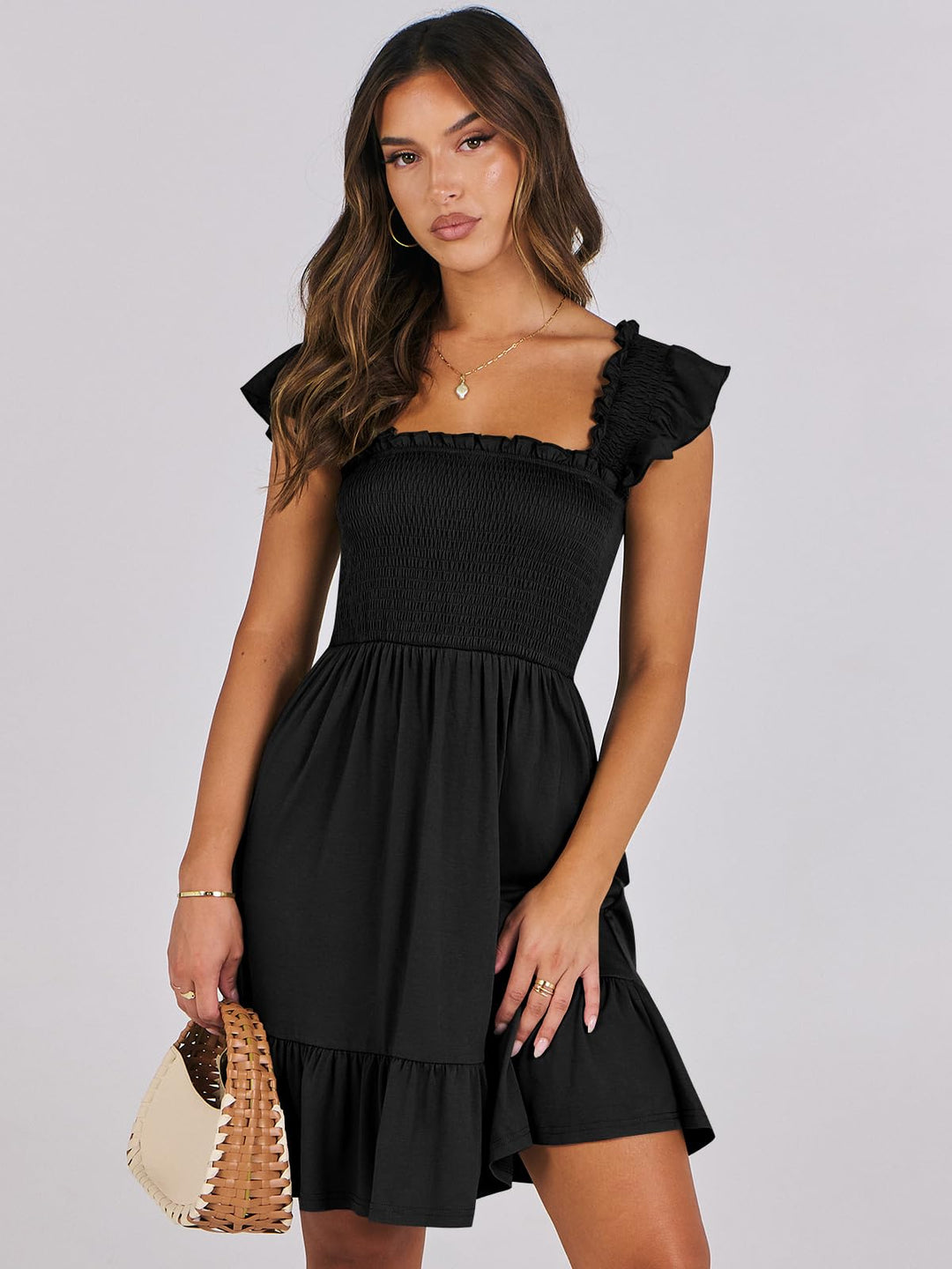 ANRABESS Women's Summer Casual Sleeveless Square Neck Dress 2025 Smocked Ruffle Backless Boho Beach Cute Teen Short Sundress