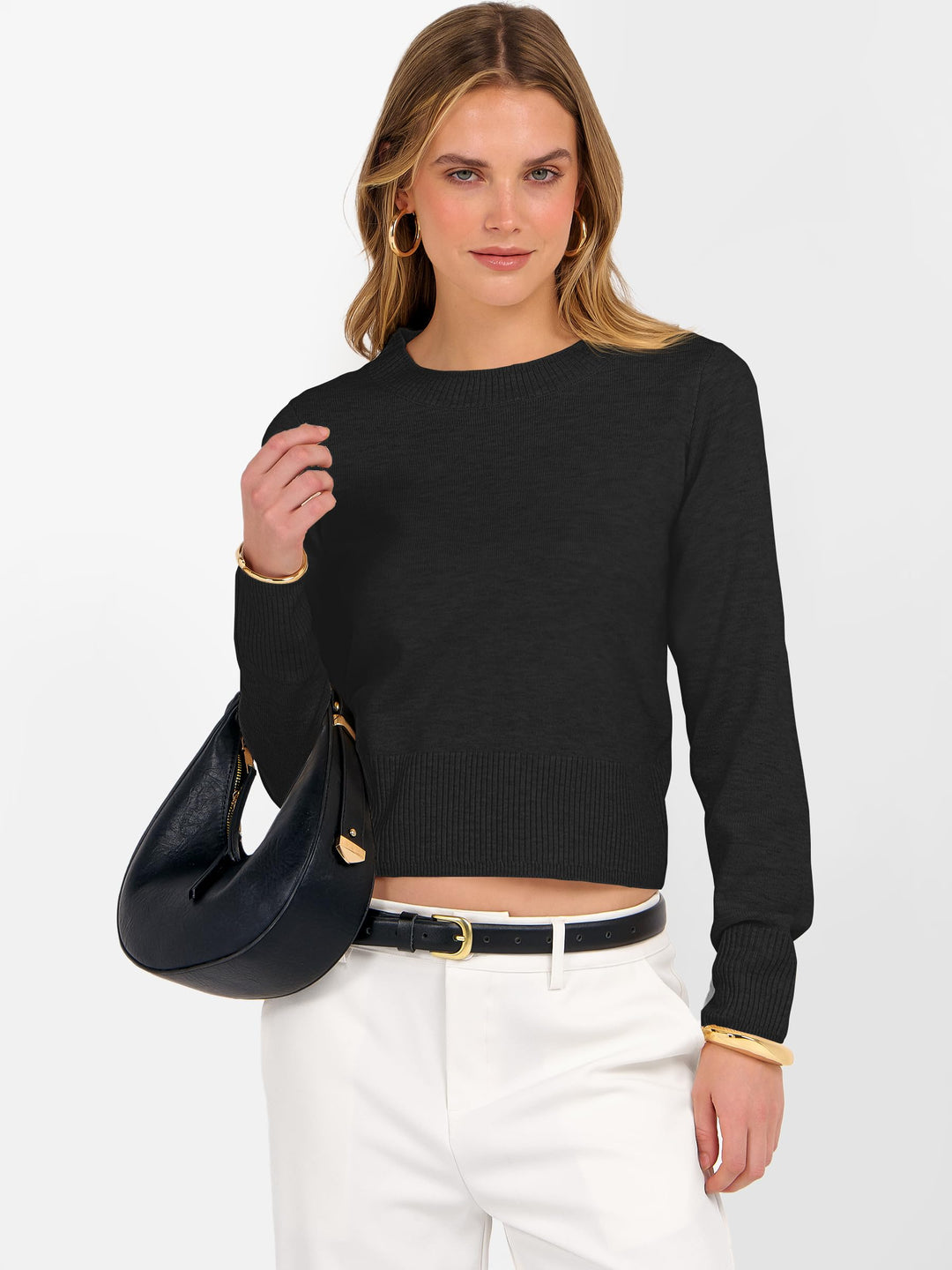 ANRABESS Women’s Long Sleeve Sweaters Cropped Crew Neck Business Casual Light Weight Sweater Tops Fall Fashion Clothes 2025