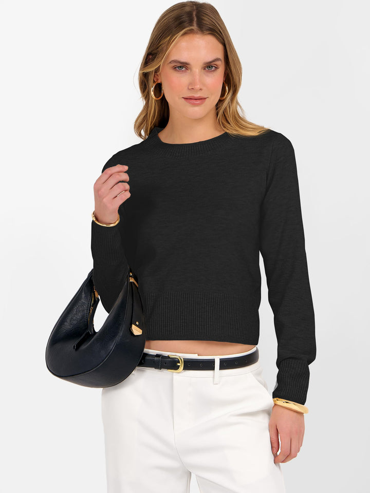 ANRABESS Women’s Long Sleeve Sweaters Cropped Crew Neck Business Casual Light Weight Sweater Tops Fall Fashion Clothes 2025