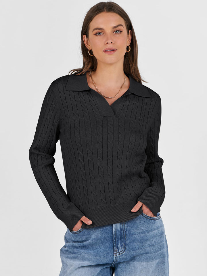 ANRABESS Womens Cable Knit Sweaters Long Sleeve V Neck Sweater Tops Casual Pullover Polo Shirts 2025 Fall Fashion Outfits