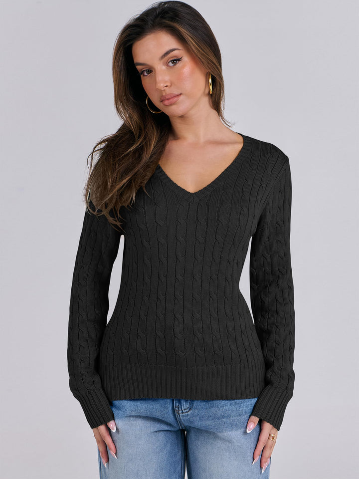 ANRABESS Womens Long Sleeve Cable Knit Sweater 2025 Fall Fashion V Neck Fitted Pullover Top Business Casual Work Fall Outfits