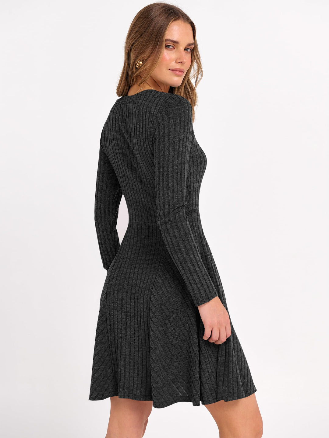 ANRABESS Women Long Sleeve Ribbed Knit Short Dresses 2025 Fall Winter V Neck Casual Swing A Line Sweater Dress