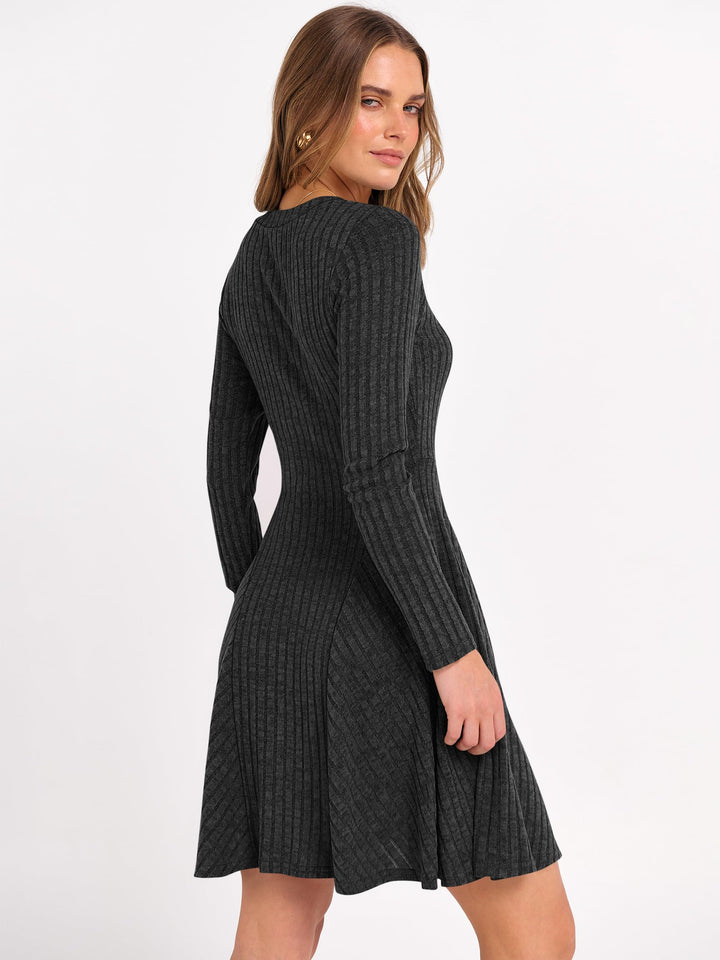 ANRABESS Women Long Sleeve Ribbed Knit Short Dresses 2025 Fall Winter V Neck Casual Swing A Line Sweater Dress