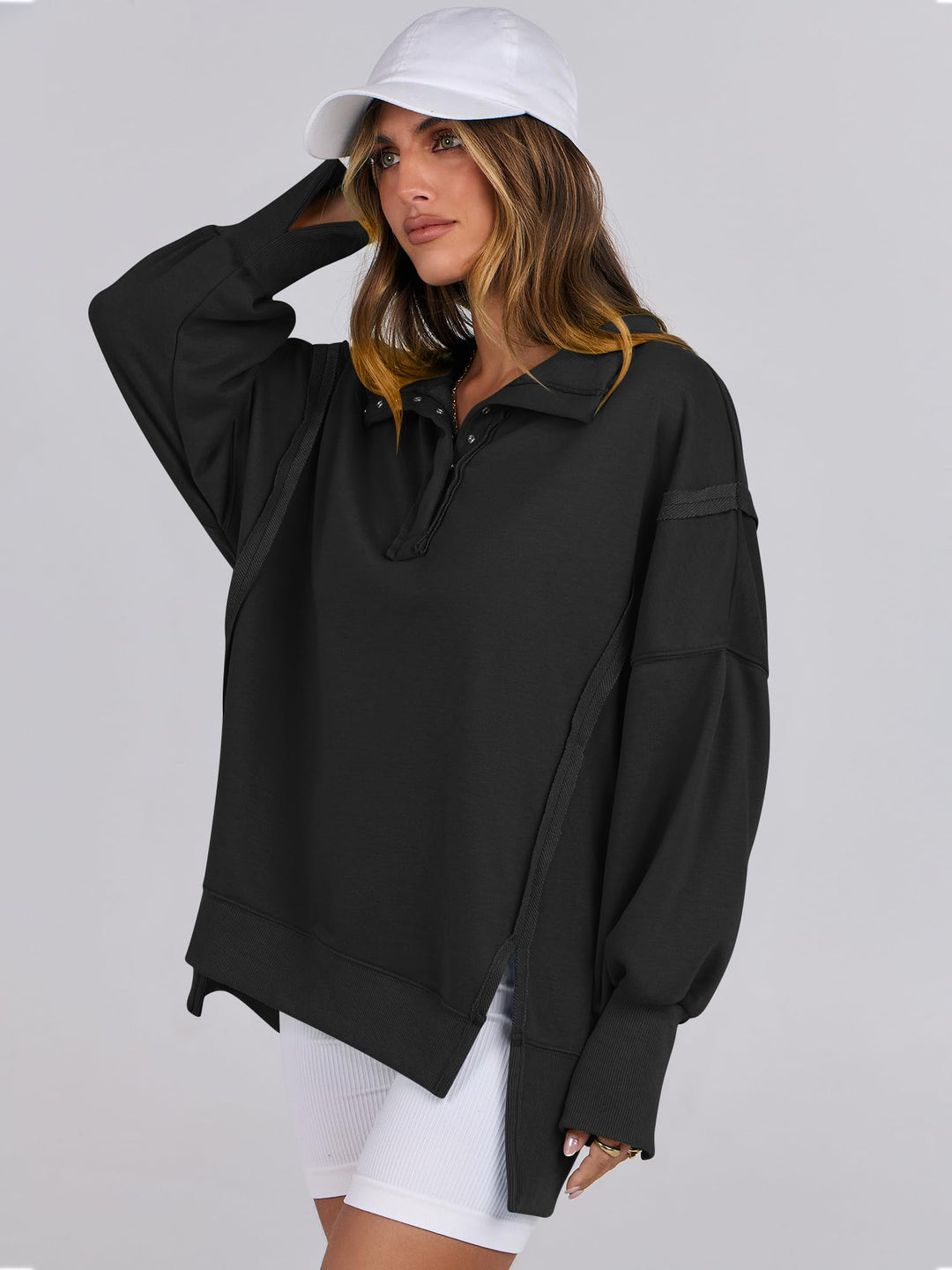 ANRABESS Women's Sweatshirts Oversized Casual Loose Button Up Henley Pullover Top High Low Split 2025 Fall Fashion Outfits