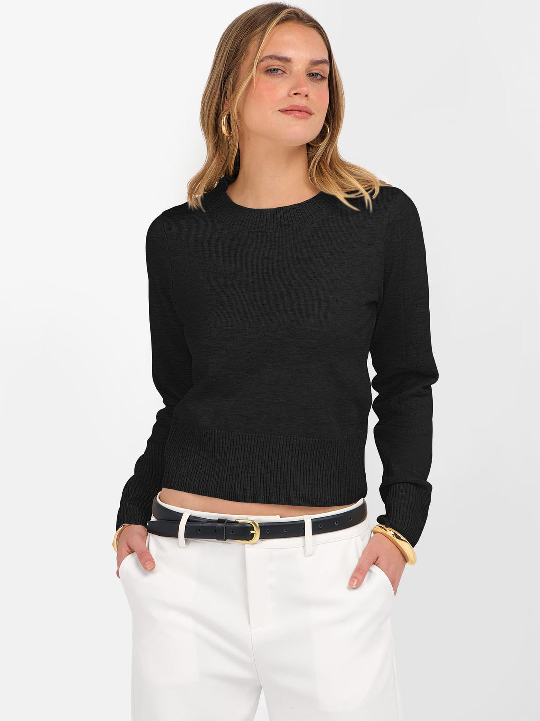 ANRABESS Women’s Long Sleeve Sweaters Cropped Crew Neck Business Casual Light Weight Sweater Tops Fall Fashion Clothes 2025