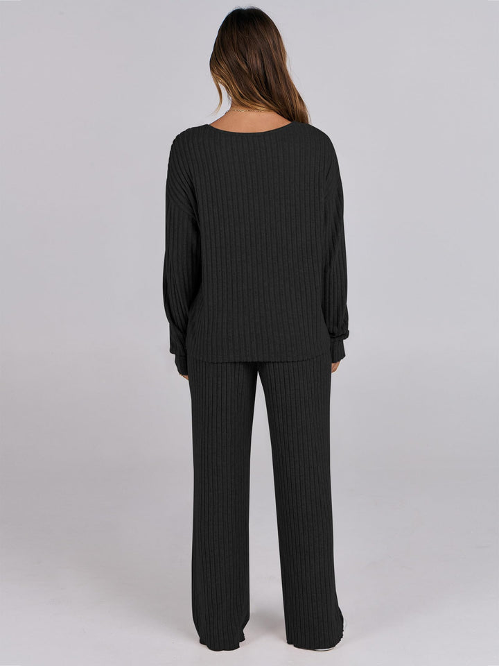 ANRABESS Women 2 Piece Lounge Pajamas Sets Casual Ribbed Knit Long Sleeve Top Pants Matching Set 2025 Fall Outfits Clothes