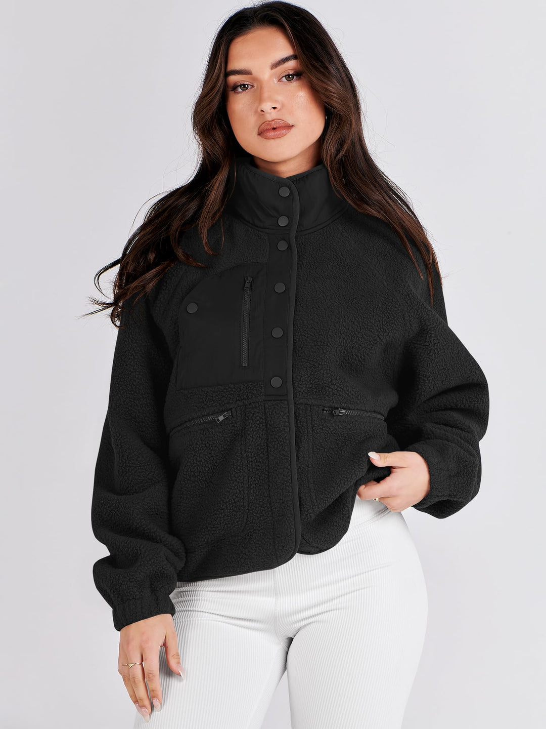 ANRABESS Womens Fuzzy Fleece Jacket Fall Casual Long Sleeve Cropped Sherpa Button Down Shacket Coats Outwear With Pockets