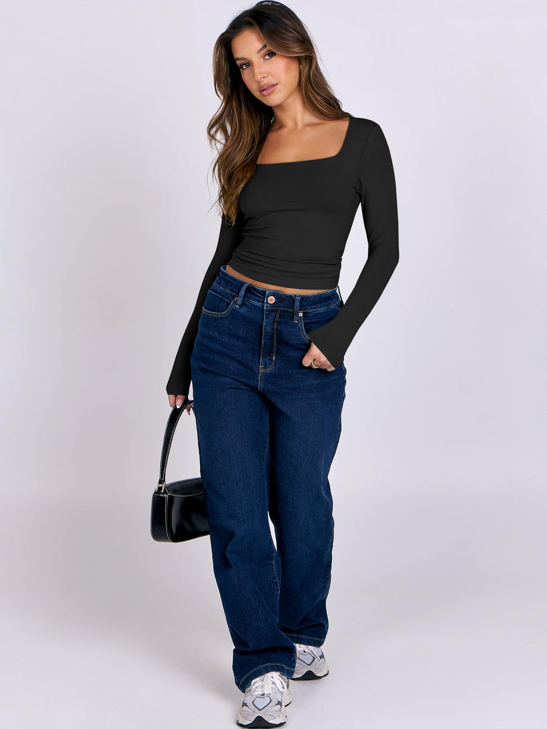 ANRABESS Women Long Sleeve Shirts Crop Tops Double Lined Square Neck Tight Fitted Going Out Basic Tee 2025 Y2K Fall Outifis