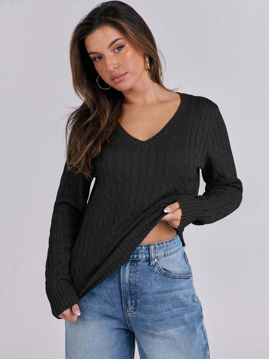 ANRABESS Womens Long Sleeve Cable Knit Sweater 2025 Fall Fashion V Neck Fitted Pullover Top Business Casual Work Fall Outfits