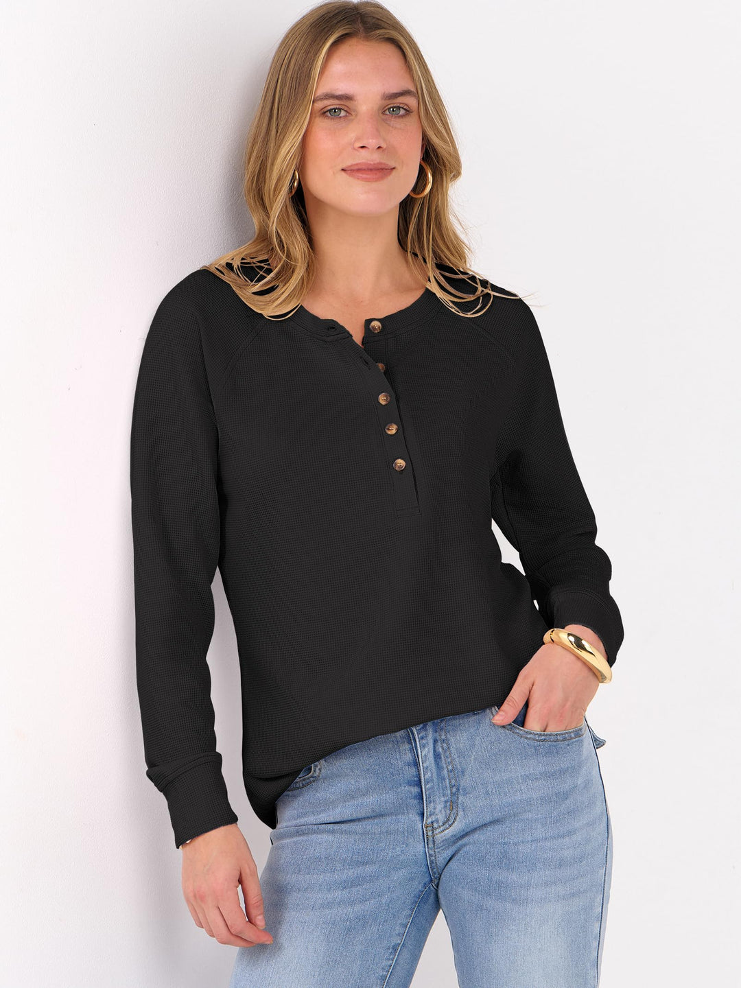 ANRABESS Women's Long Sleeve Waffle Knit Shirts Dressy Casual Loose Button Up V Neck Henley Tops 2025 Fall Basic Tee Blouse
