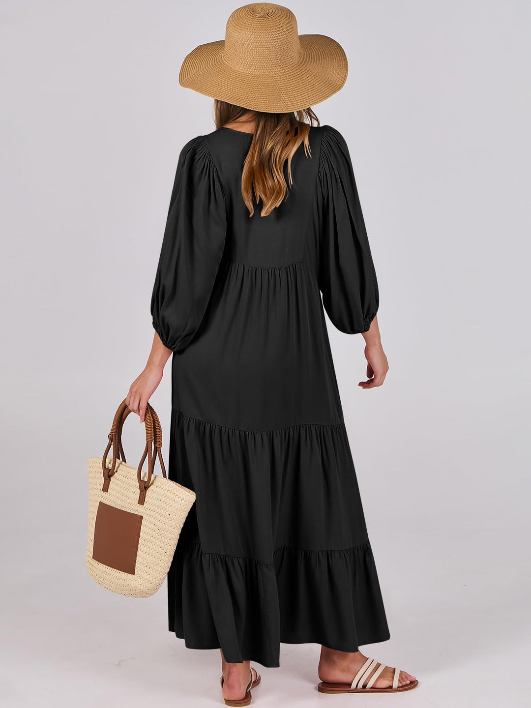 ANRABESS Womens Boho Maxi Dresses 2025 Summer V Neck Puff Sleeve Floral Flowy Swing Fall Casual Long Dress