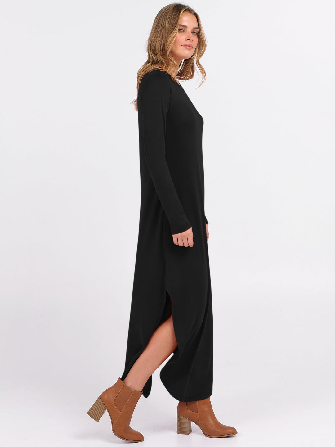 ANRABESS Women's Long Sleeve Maxi Dresses 2025 Fall Outfits Casual Loose Split Travel Vacation T Shirt Dress with Pockets