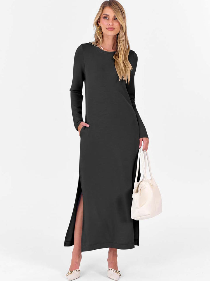 ANRABESS Women Long Sleeve Dresses 2025 Fall Casual Crewneck Loose Fit Split Flowy Wrinkle-Free Travel Vacation Maxi Dress