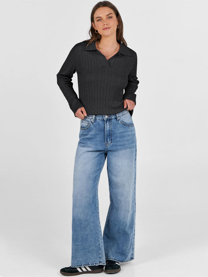 ANRABESS Womens Cable Knit Sweaters Long Sleeve V Neck Sweater Tops Casual Pullover Polo Shirts 2025 Fall Fashion Outfits