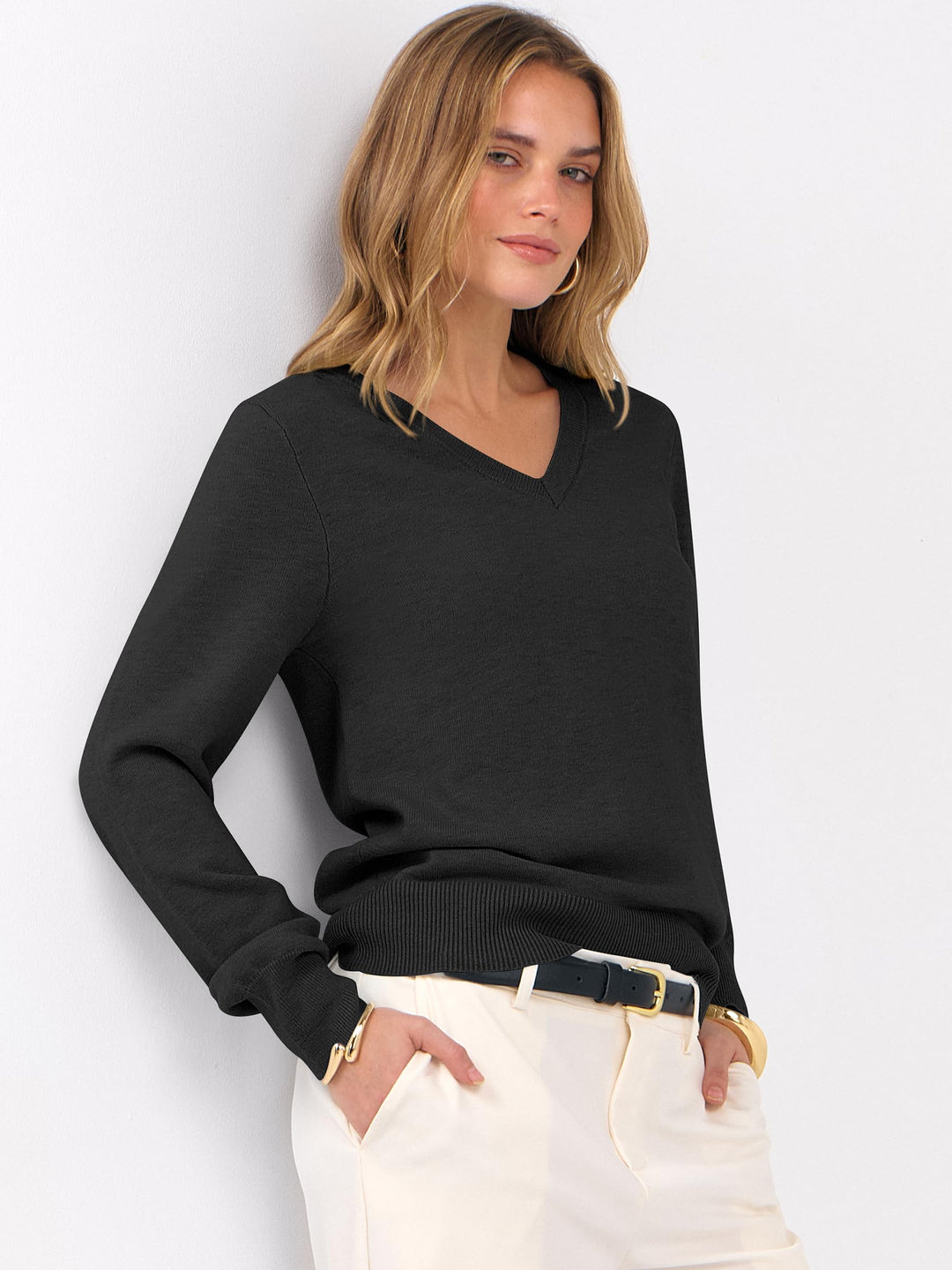 ANRABESS Womens Long Sleeve V Neck Sweaters 2025 Fall Fashion Wool Blend Work Pullover Top Travel Vacation Outfits