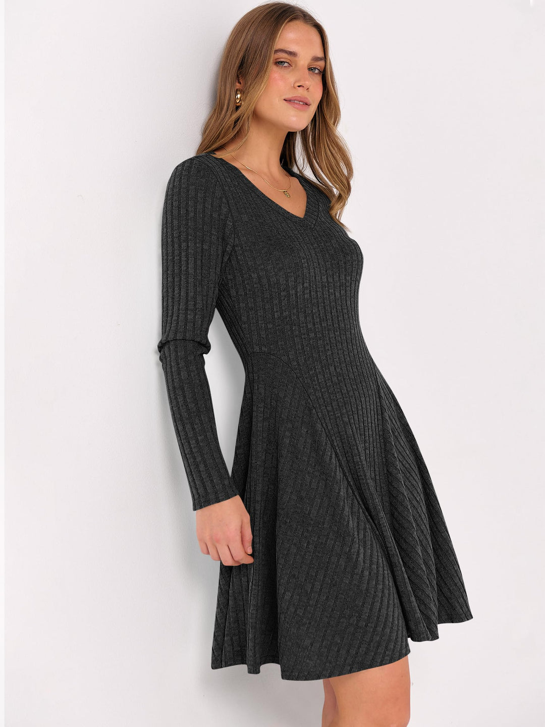 ANRABESS Women Long Sleeve Ribbed Knit Short Dresses 2025 Fall Winter V Neck Casual Swing A Line Sweater Dress